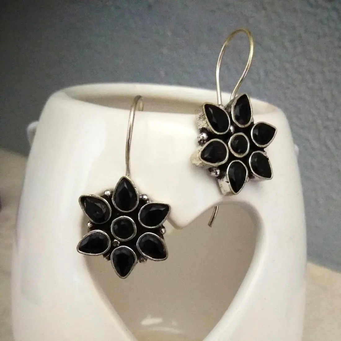 Kairangi Oxidised Drop Earrings for Women Silver Oxidised Handmand Floral Charm Studded Black Stone Drop Earrings Women And Girls.