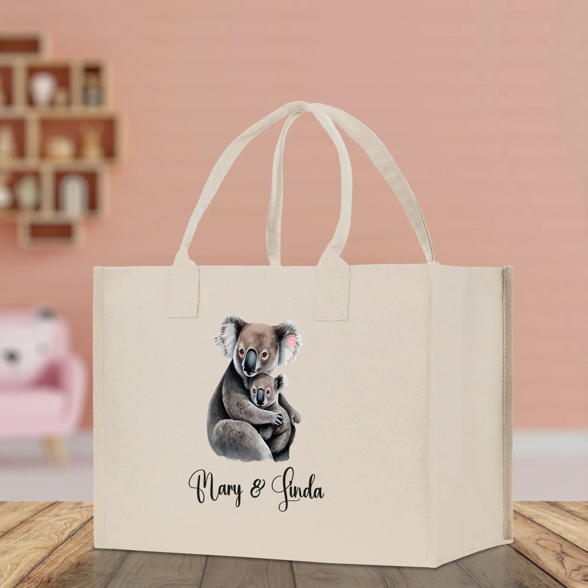 Koala Mom And Baby Name Custom Cotton Canvas Tote Bag Custom Pet Lover Gift Pet Portrait Bag Personalized Pet Owner Gift Tote Bag