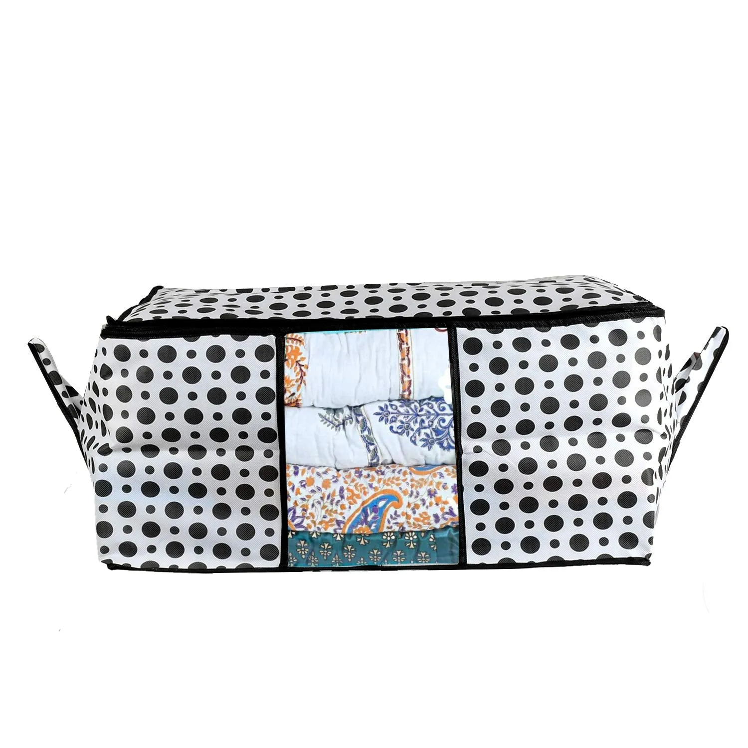 Kuber Industries Polka Dots Design Non Woven 3 Pieces Underbed Storage Bag, Cloth Organiser, Blanket Cover with Transparent Window (Black & White) - CTKTC038102