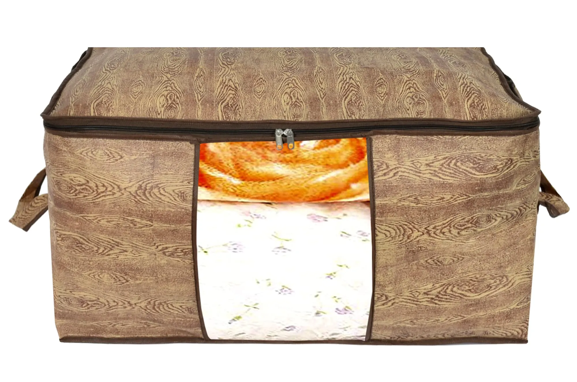 Kuber Industries Wooden Print 3 Piece Non Woven Saree Cover And 3 Pieces Underbed Storage Bag, Storage Organiser, Blanket Cover (Brown)