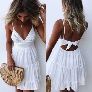 Lace Sexy Backless Beach Fashion Sleeveless Spaghetti Strap White