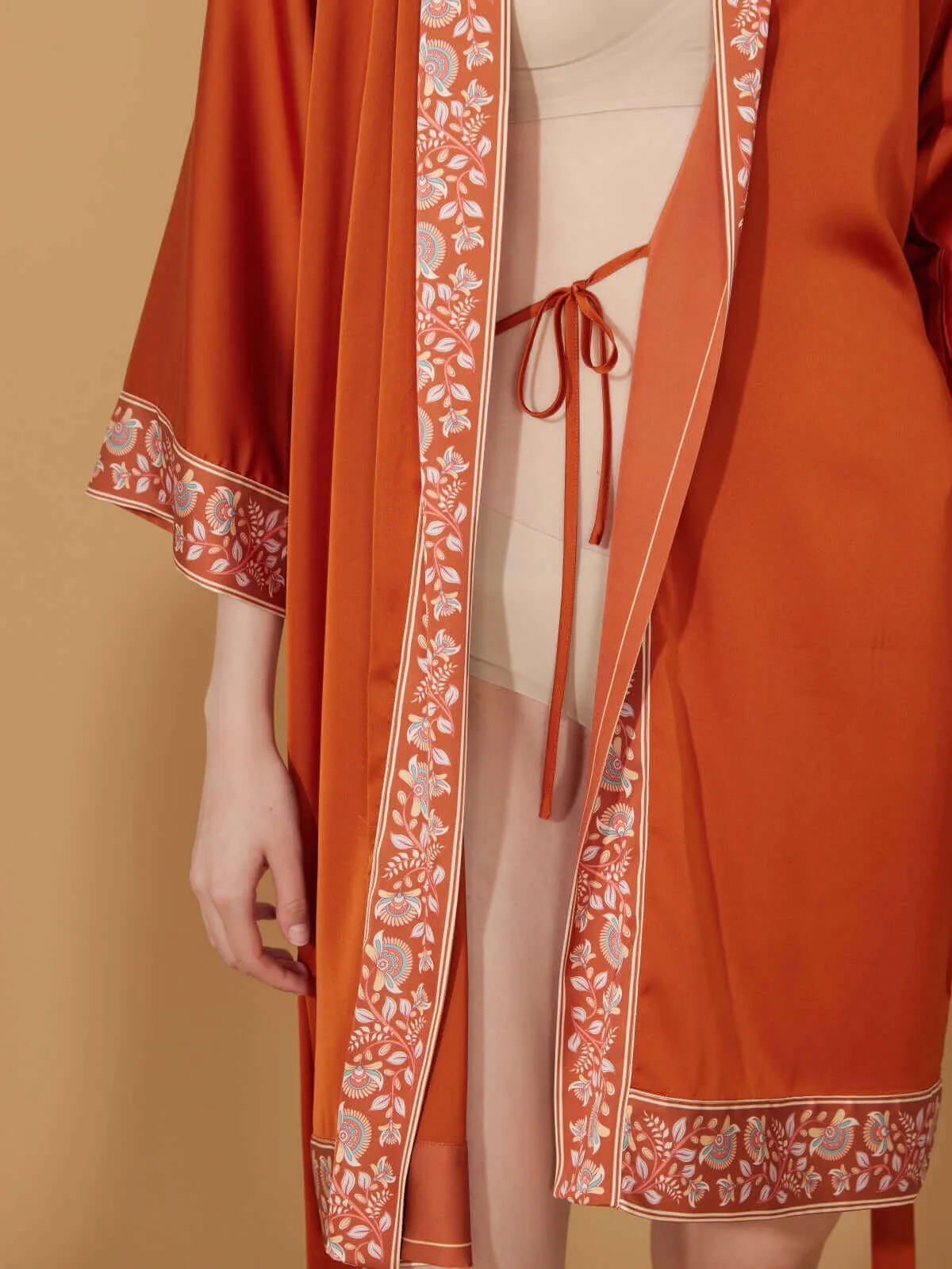 Luxuriously Orange Embellished Flower Short Robe