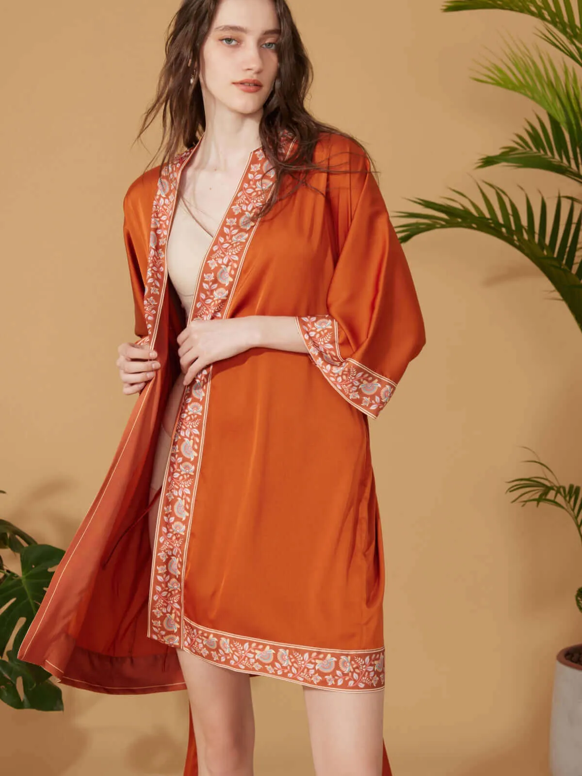 Luxuriously Orange Embellished Flower Short Robe