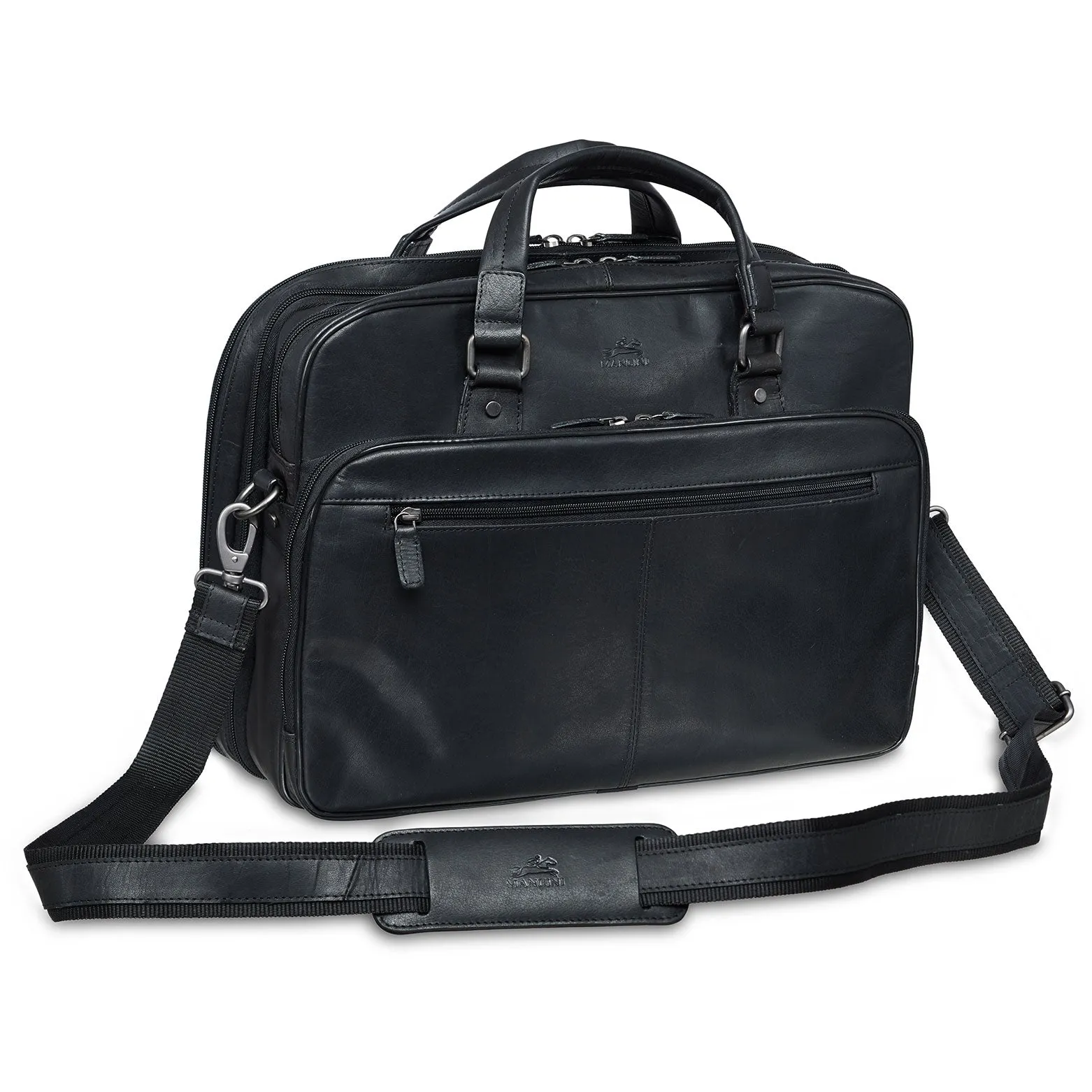 Mancini Leather Expandable Double Compartment Briefcase for 15.6'' Laptop / Tablet, 16.25" x 5.25" x 12", Black