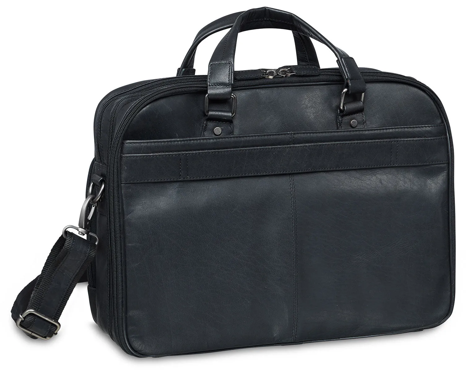 Mancini Leather Expandable Double Compartment Briefcase for 15.6'' Laptop / Tablet, 16.25" x 5.25" x 12", Black