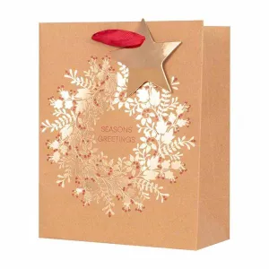 Medium Seasons Greetings Kraft Gift Bag With Foil Finish Wreath - 17.8cm x 23cm x 9.8cm