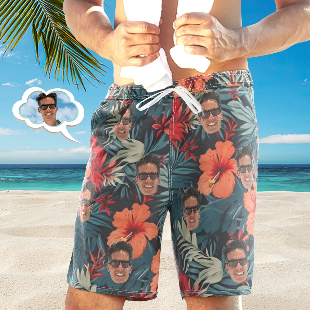 Men's Custom Face Beach Trunks Photo Shorts Beach Shorts Men's Photo Swim Trunks - Red Hawaiian Flowers