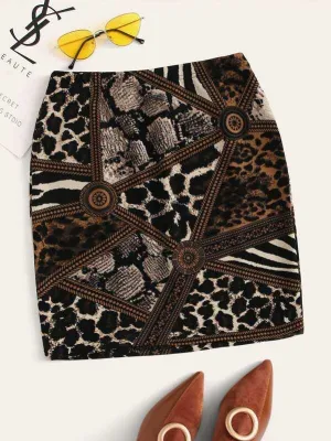 Mixed Animal Print Fitted Skirt