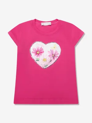 Monnalisa Girls Sequin Floral Heart T-Shirt in Pink