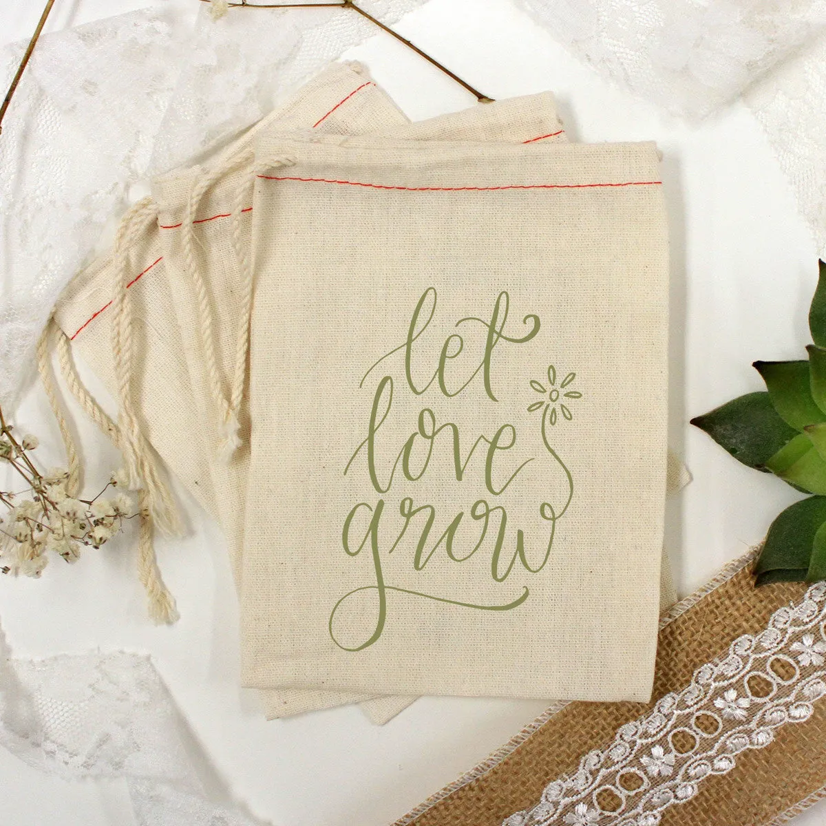 Muslin Bag - "Let Love Grow Flower" - Set of 25