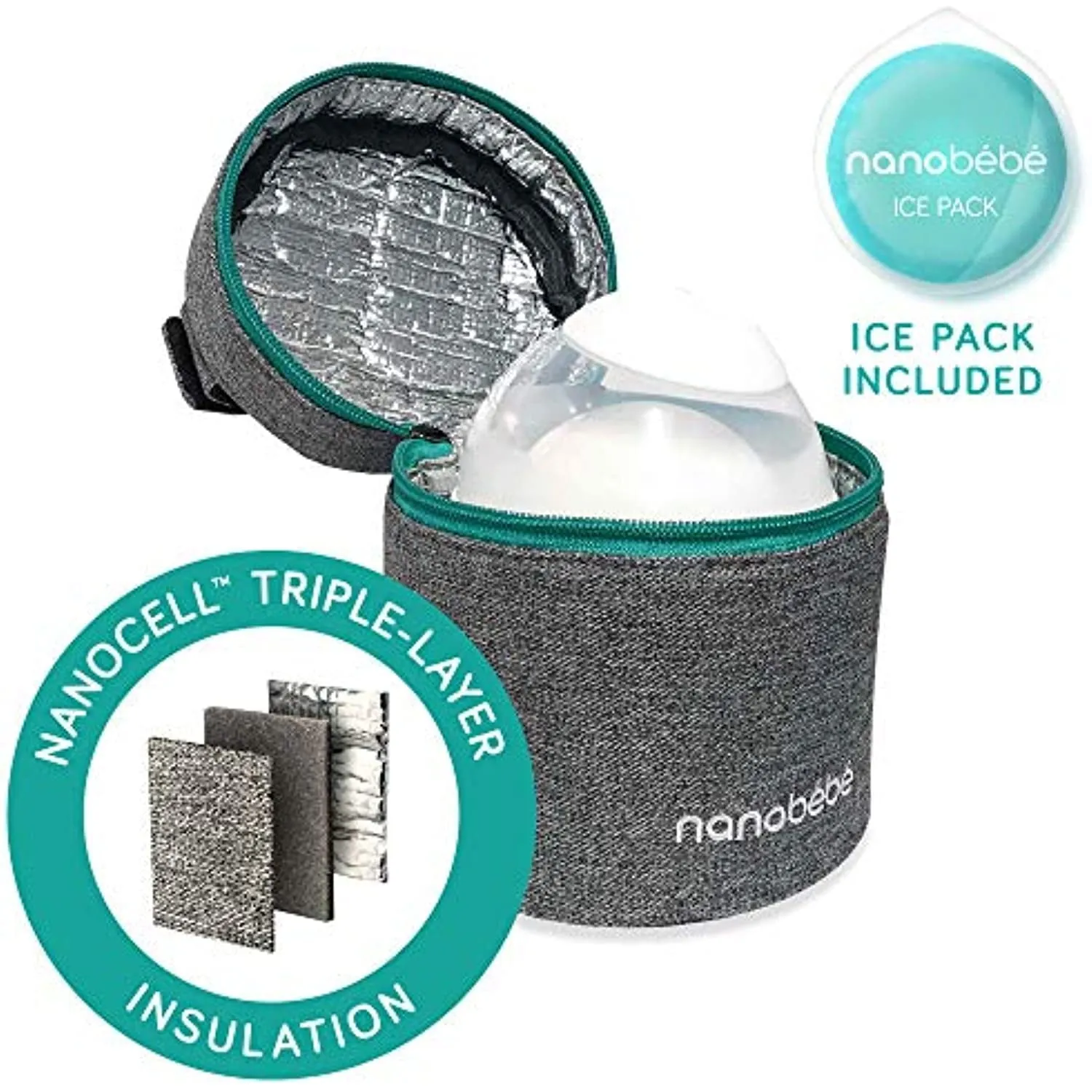 NANOB B nanobebe Breastmilk Baby Bottle Cooler & Travel Bag with Ice Pack Included. Compact Triple Insulated, Easily attaches to Stroller or Diaper Bag- Grey