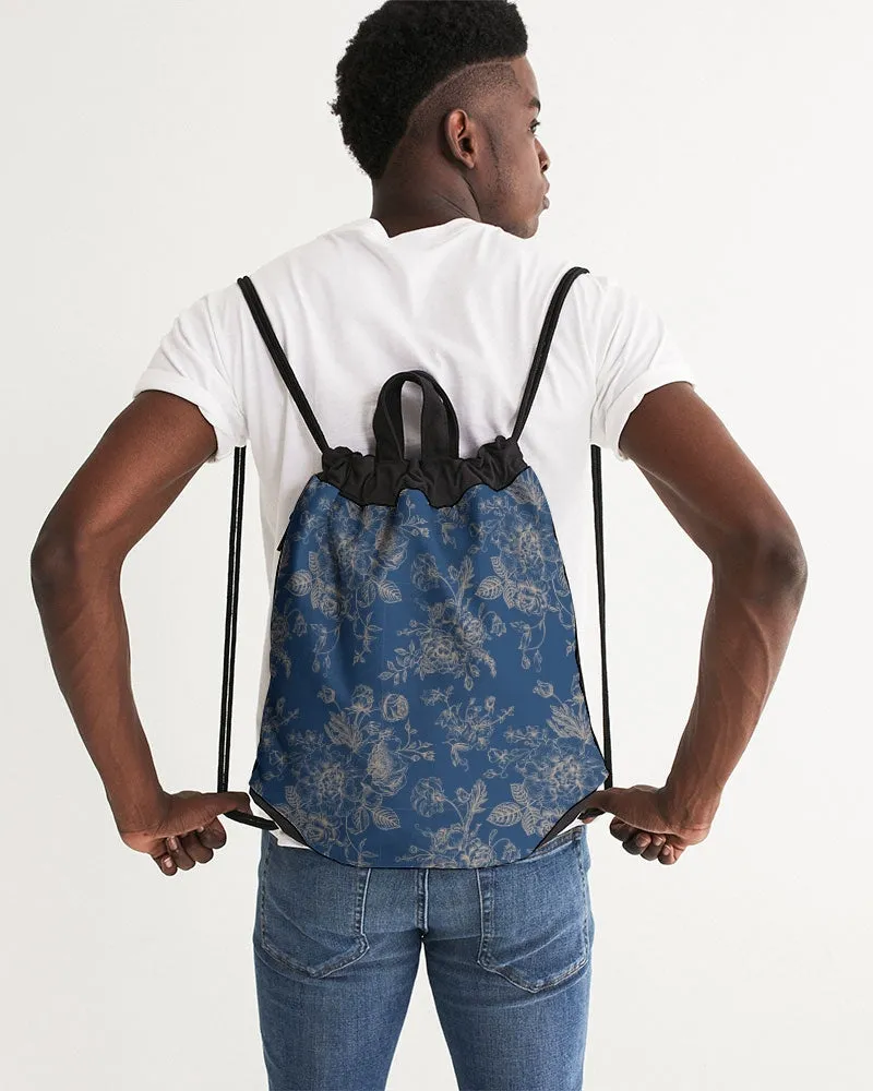 Navy Toile Floral Canvas Drawstring Bag