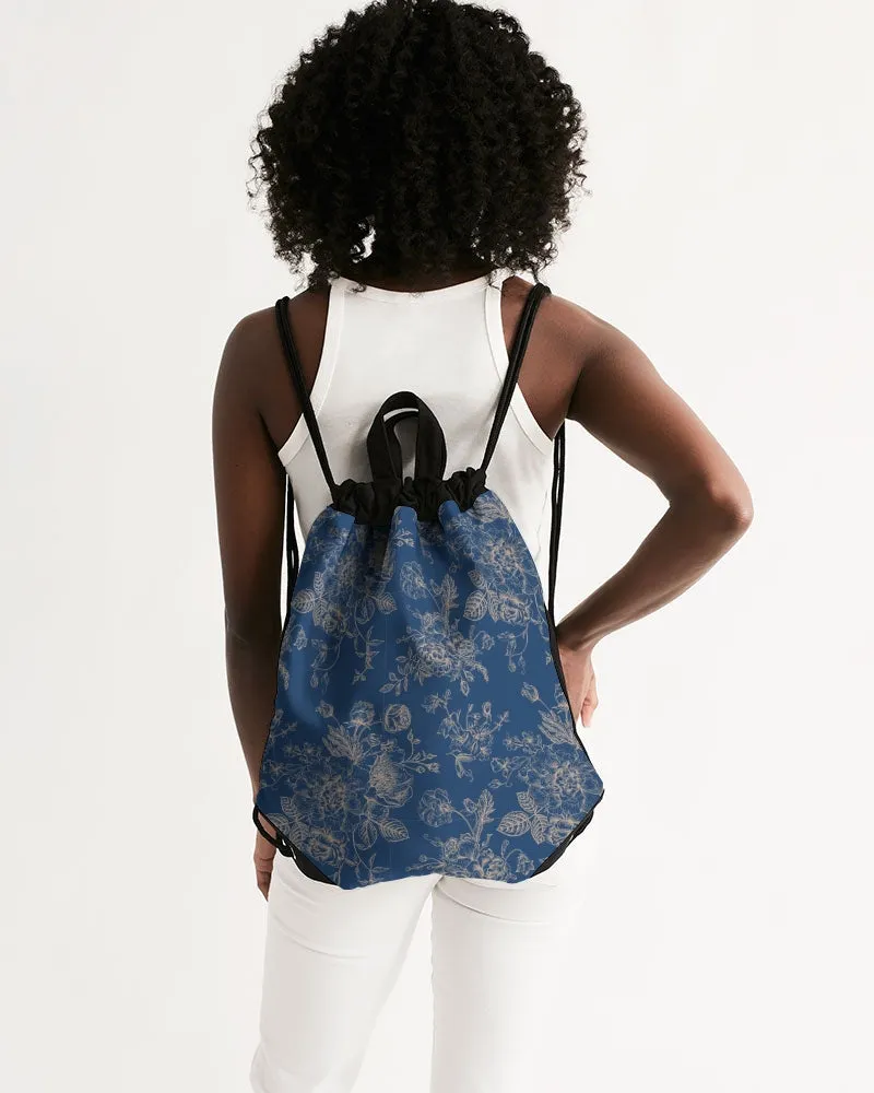 Navy Toile Floral Canvas Drawstring Bag