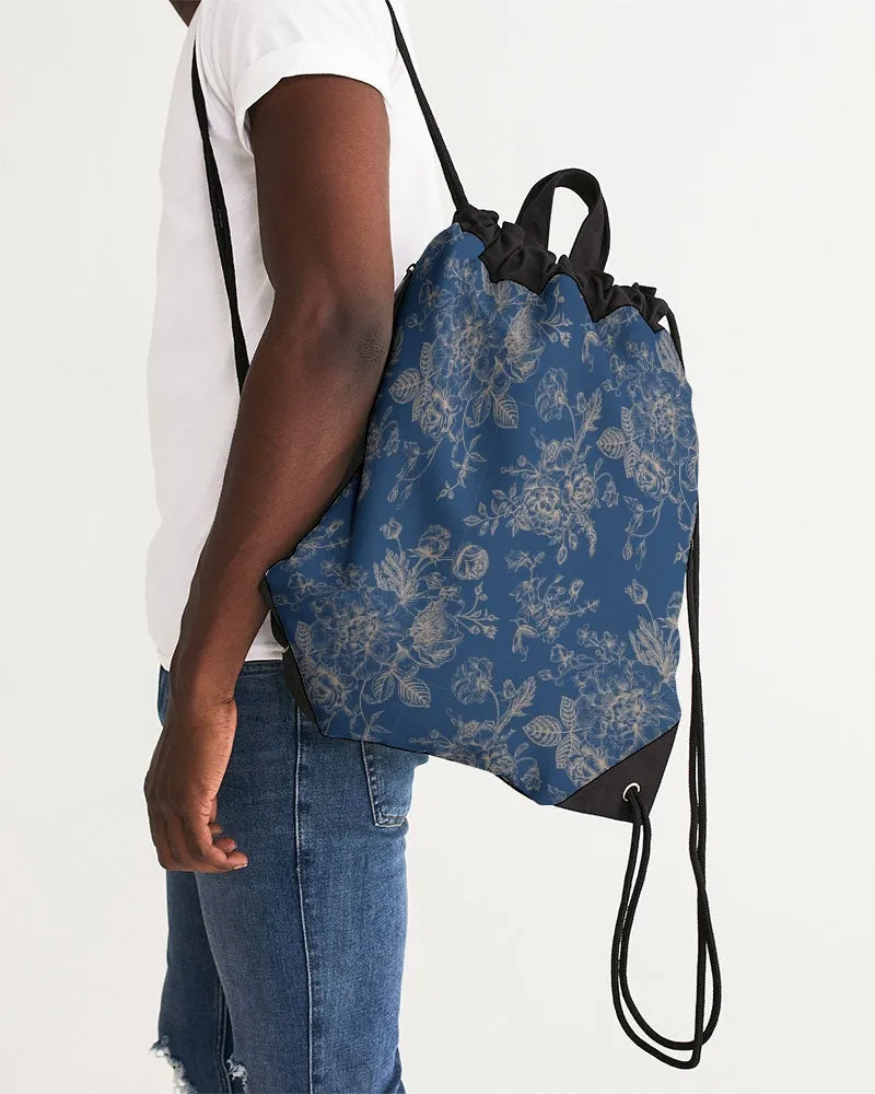 Navy Toile Floral Canvas Drawstring Bag