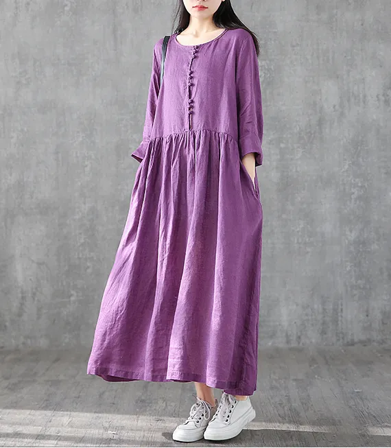 O Neck Long Sleeve Summer Spring Linen Women loose Dresses DZA05251