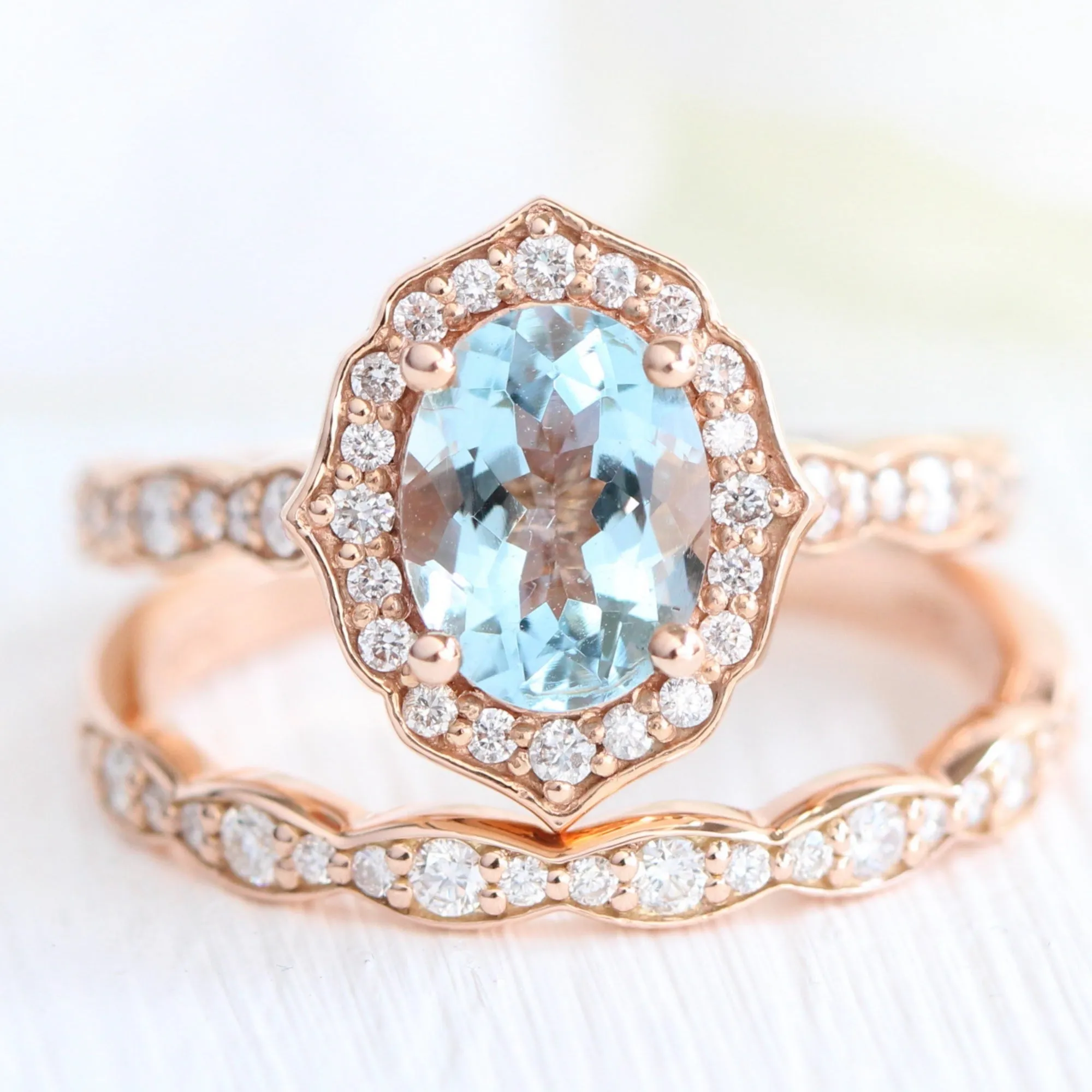 Oval Vintage Floral Bridal Set in Scalloped Band w/ Aquamarine and Diamond