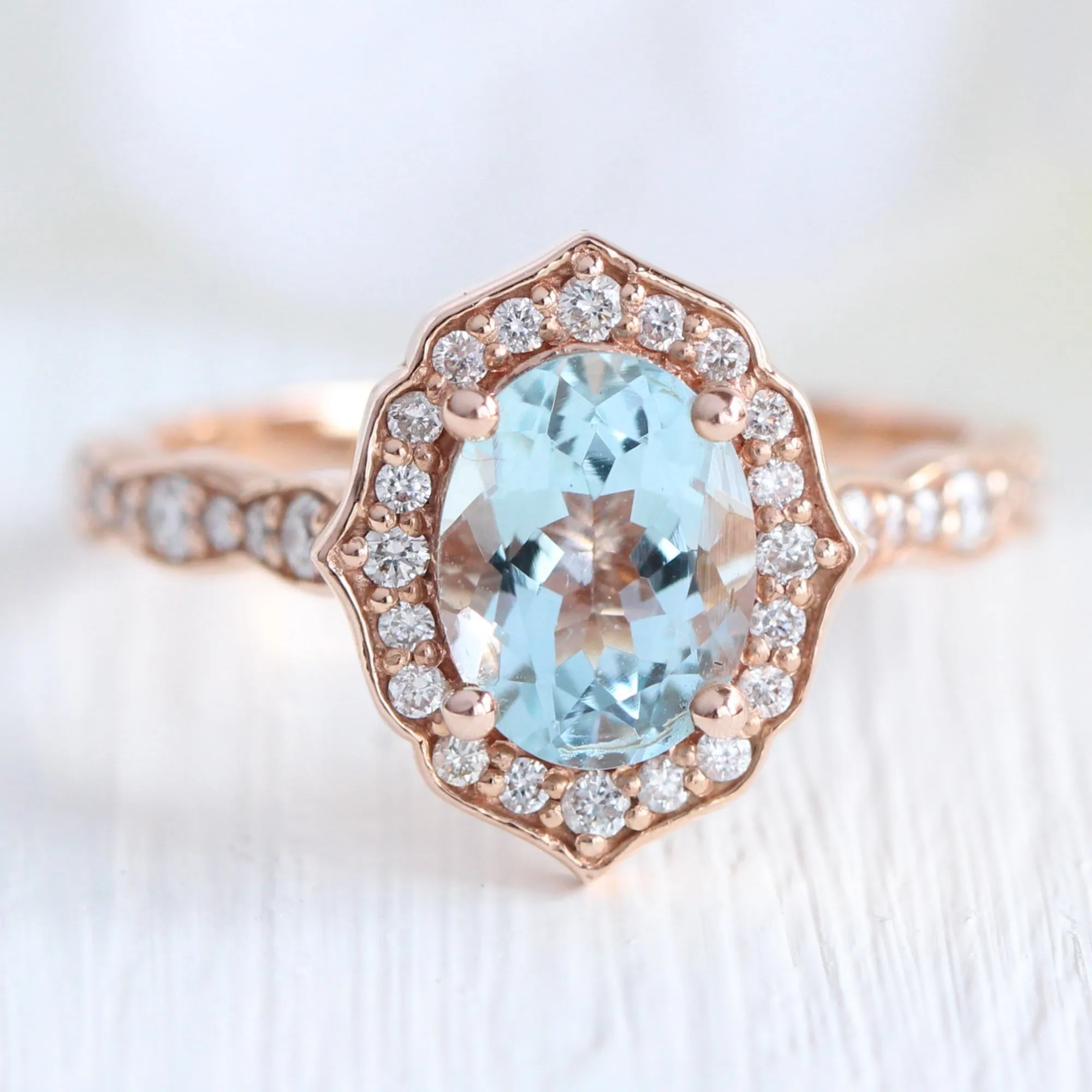 Oval Vintage Floral Bridal Set in Scalloped Band w/ Aquamarine and Diamond