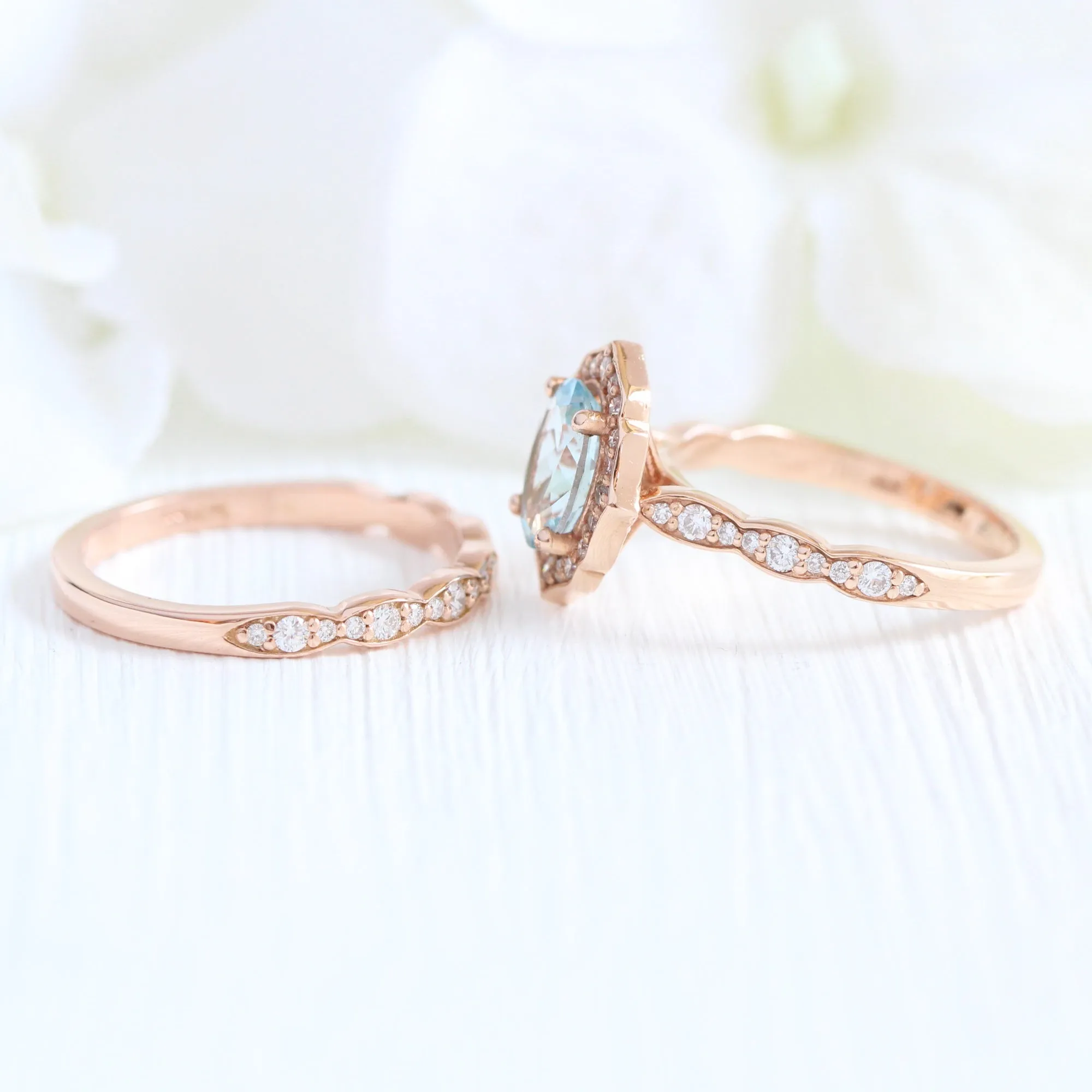 Oval Vintage Floral Bridal Set in Scalloped Band w/ Aquamarine and Diamond