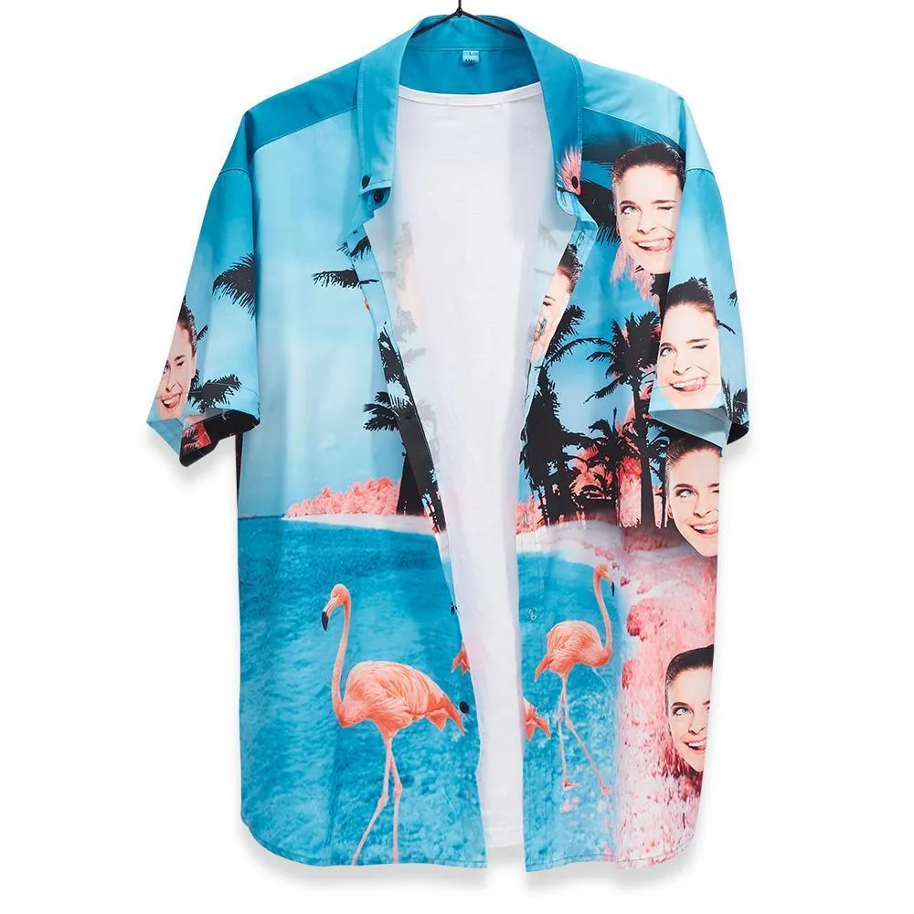 Personalised Face Hawaiian Shirt All Over Print Seaside Flamingos