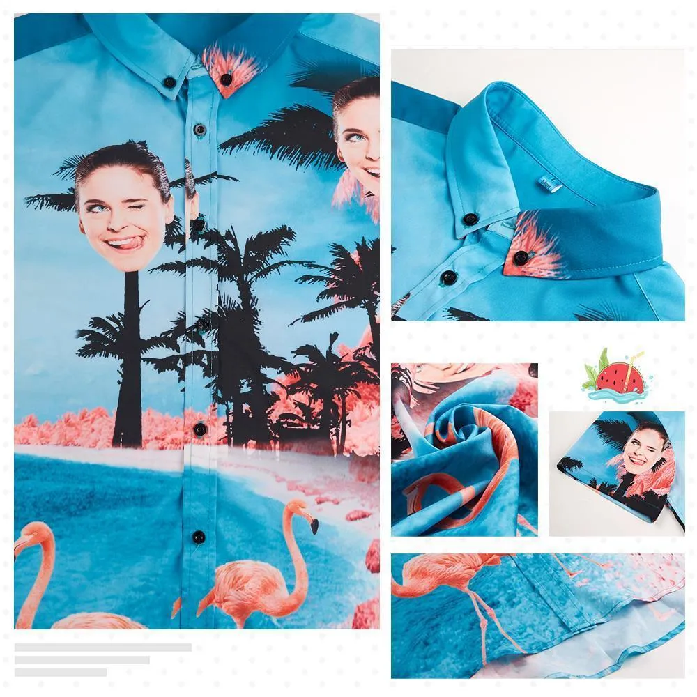 Personalised Face Hawaiian Shirt All Over Print Seaside Flamingos