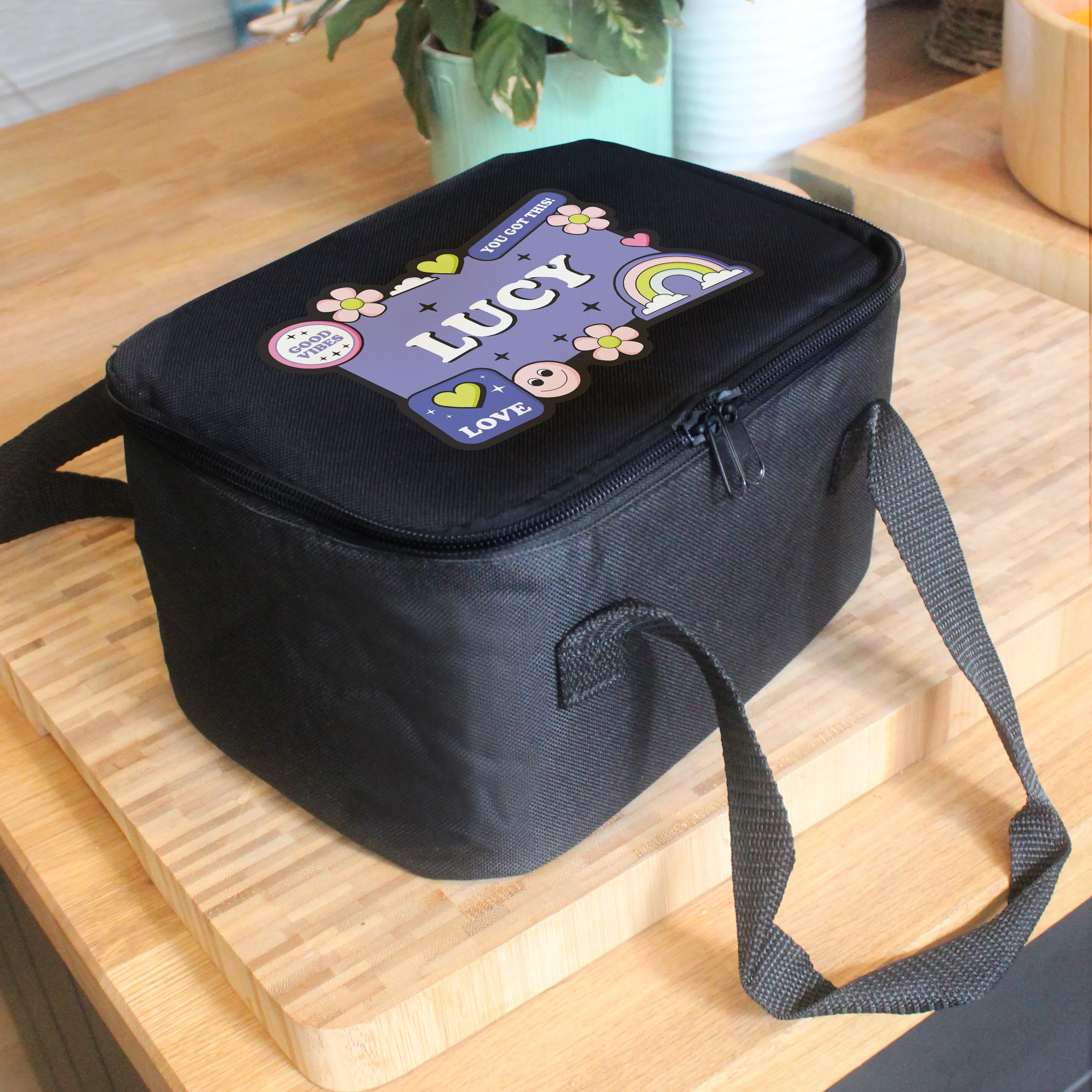 Personalised Good Vibes Black Lunch Bag