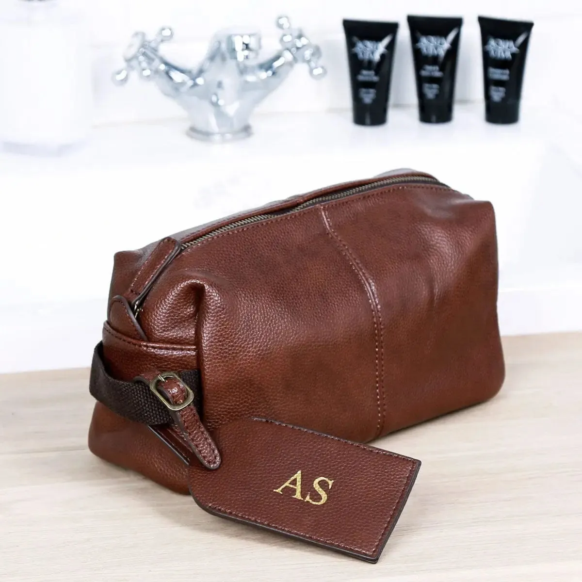 Personalised Luggage Tag And Faux Leather Wash Bag Set