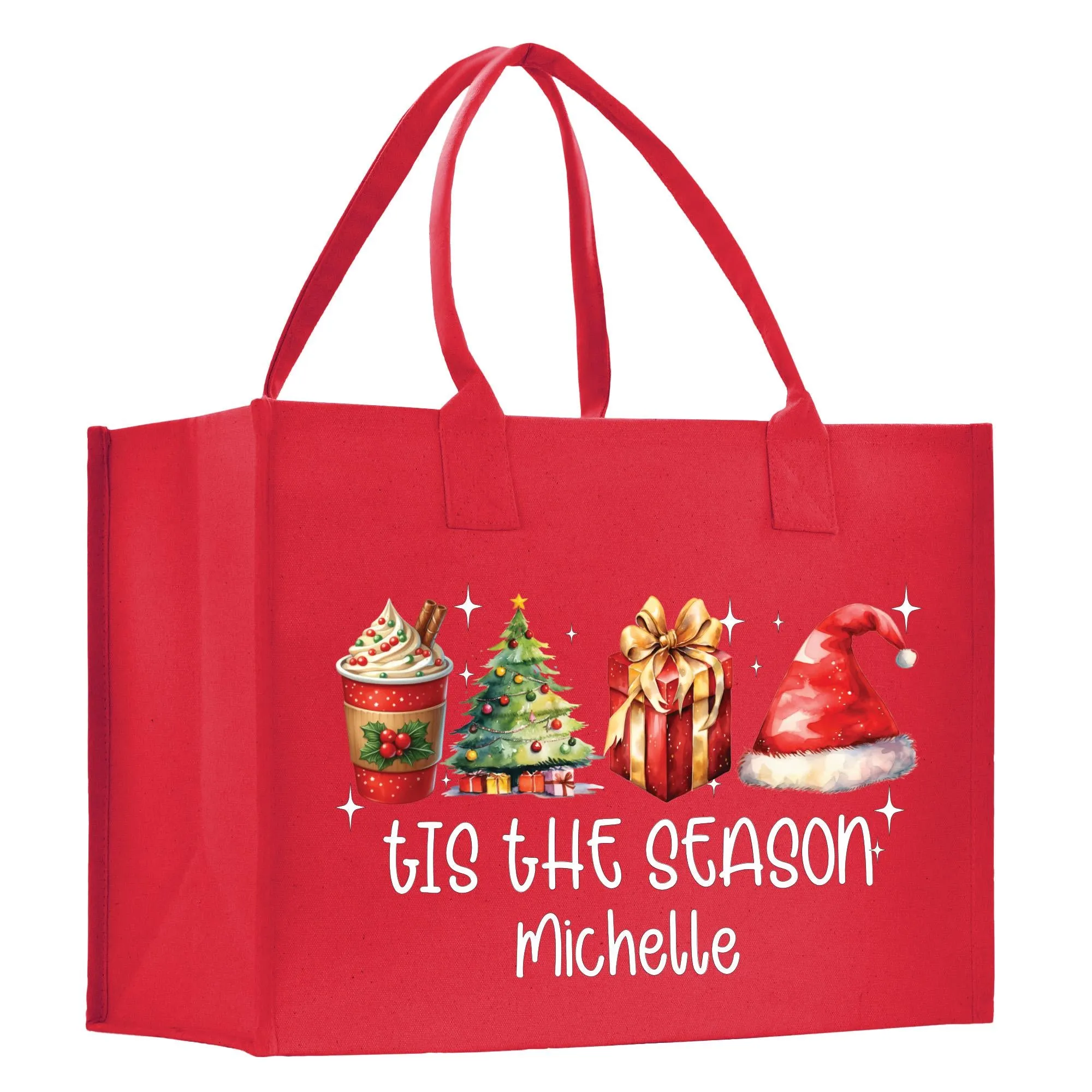 Personalized Name Christmas Cotton Canvas Large Tote Bag Custom Merry Christmas Gift Bag Xmas Party Bag Xmas Eve Gift Holiday Gift (CT1009)