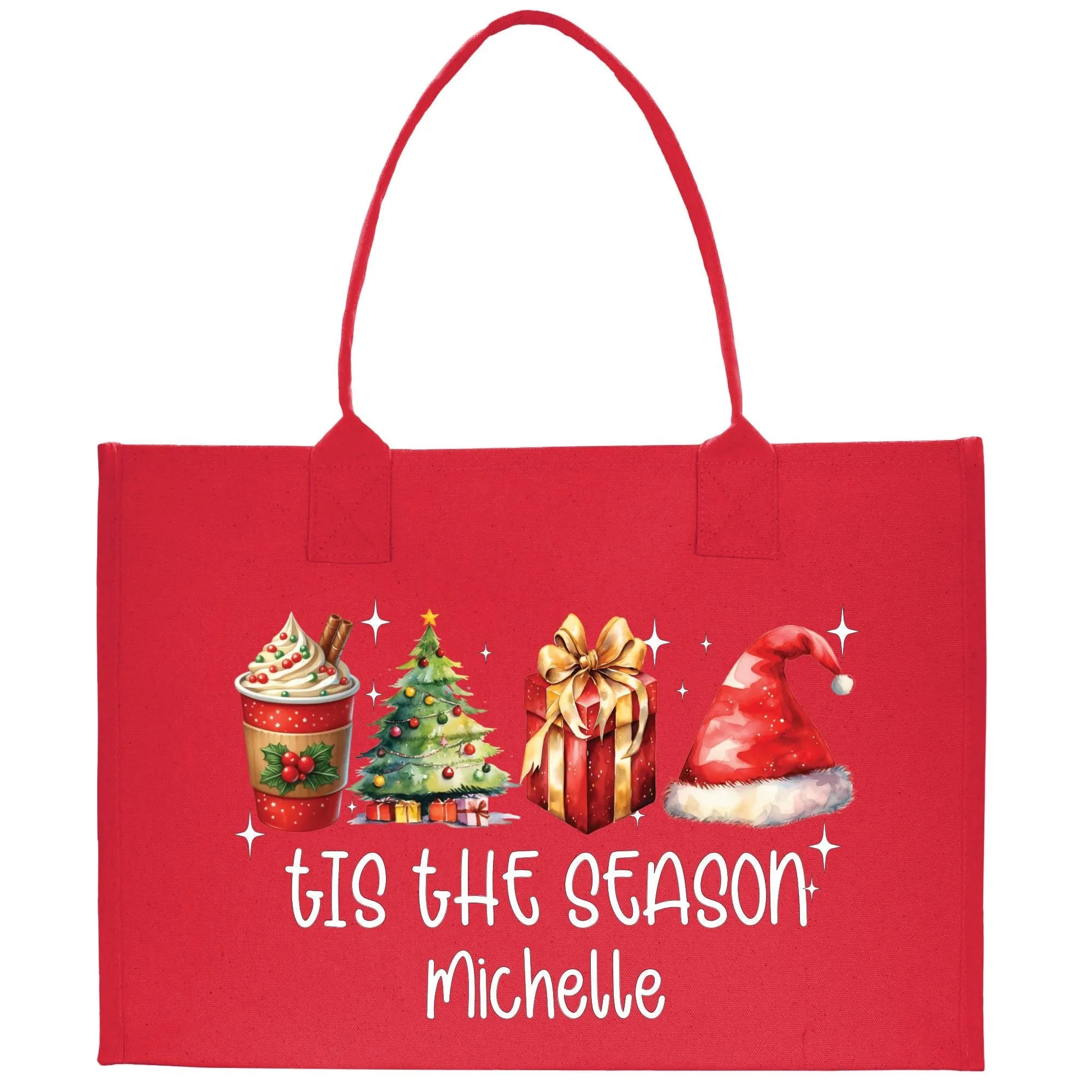 Personalized Name Christmas Cotton Canvas Large Tote Bag Custom Merry Christmas Gift Bag Xmas Party Bag Xmas Eve Gift Holiday Gift (CT1009)