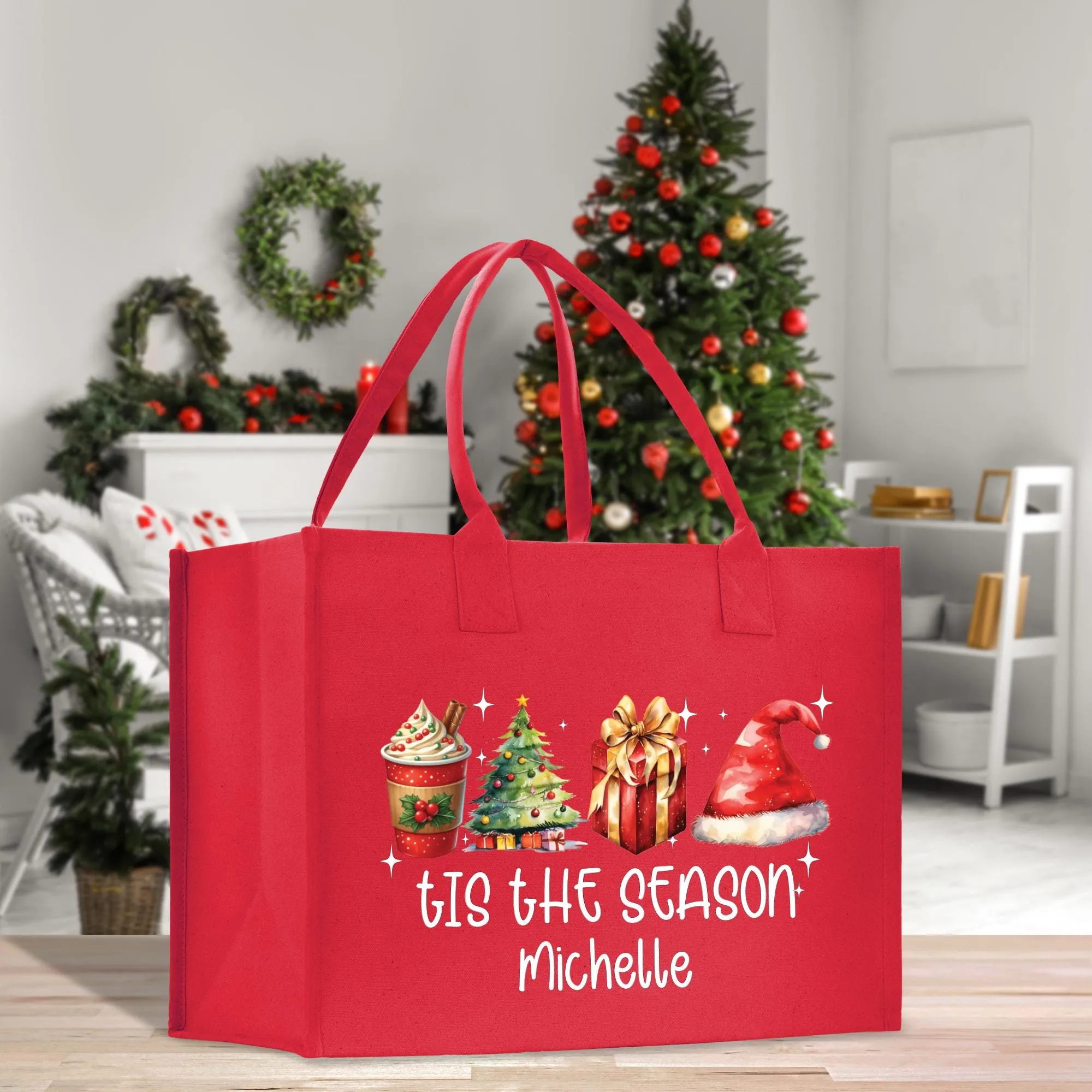 Personalized Name Christmas Cotton Canvas Large Tote Bag Custom Merry Christmas Gift Bag Xmas Party Bag Xmas Eve Gift Holiday Gift (CT1009)