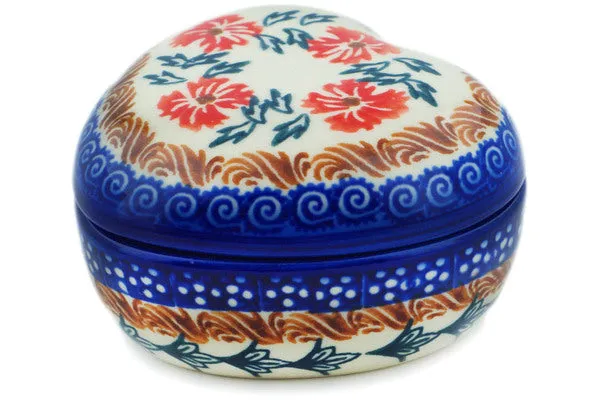 Polish Pottery 4" Heart Shaped Jar Red Cornflower