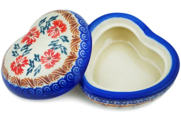 Polish Pottery 4" Heart Shaped Jar Red Cornflower