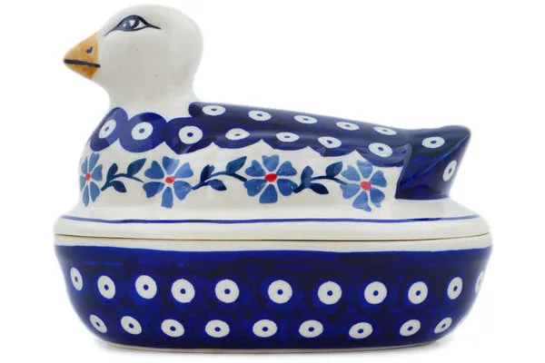 Polish Pottery 7" Duck Shaped Jar Peacock Forget-Me-Not