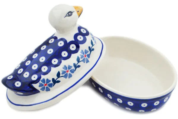 Polish Pottery 7" Duck Shaped Jar Peacock Forget-Me-Not