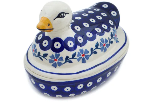 Polish Pottery 7" Duck Shaped Jar Peacock Forget-Me-Not