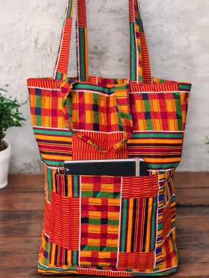 Shopper bag with African print - Orange Green Kente - Reusable Cotton Tote Bag