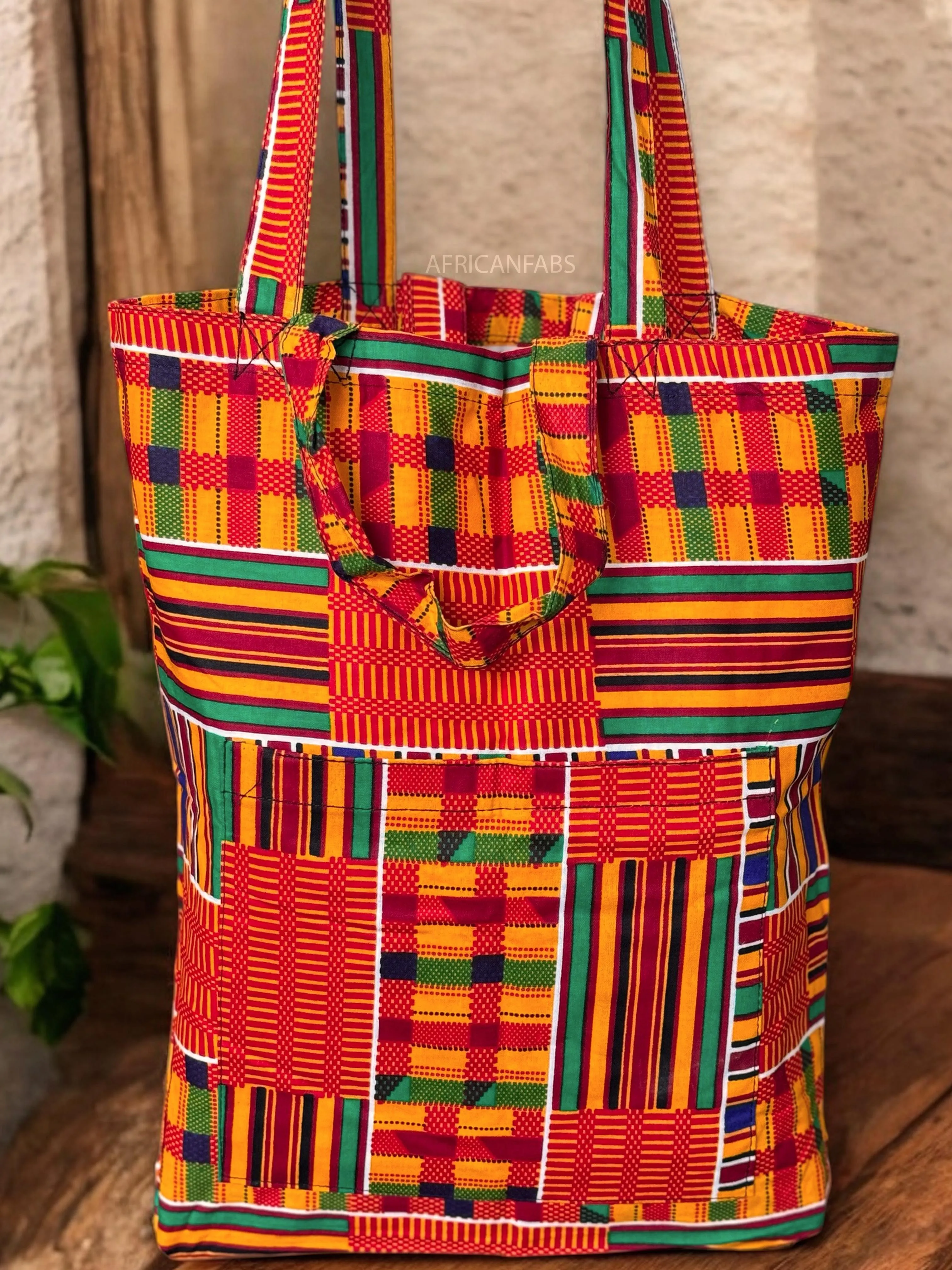 Shopper bag with African print - Orange Green Kente - Reusable Cotton Tote Bag