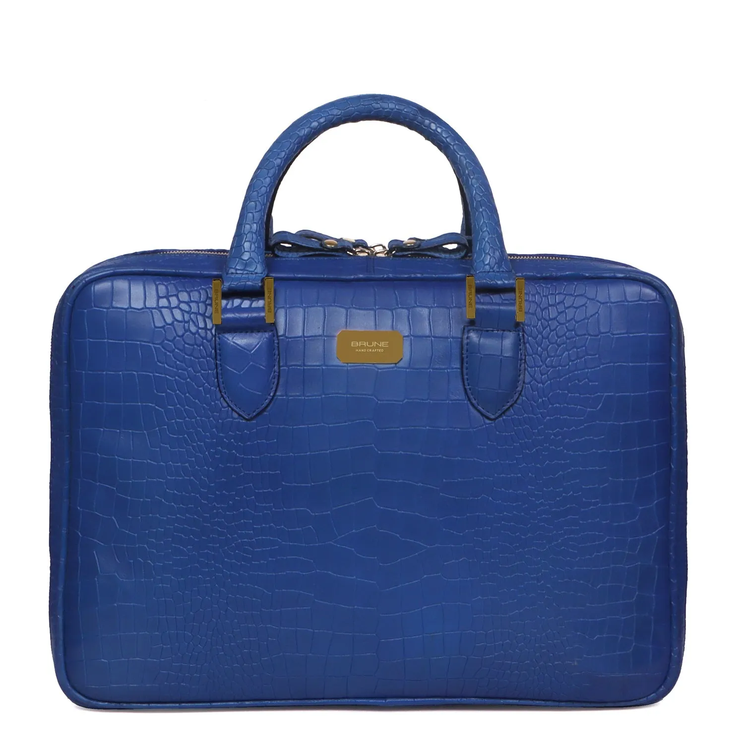 Sky Blue Leather Laptop Office Briefcase With Extra Compartment in Croco Textured Leather