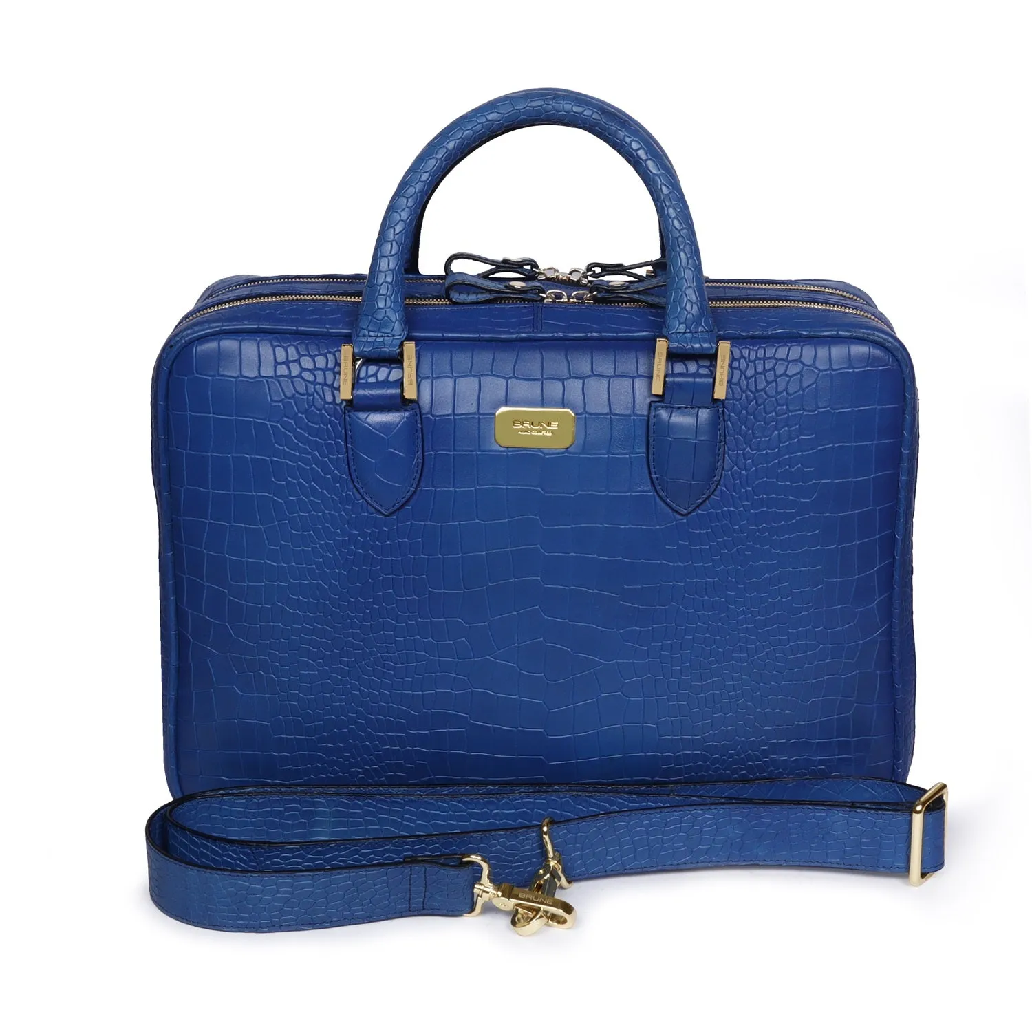 Sky Blue Leather Laptop Office Briefcase With Extra Compartment in Croco Textured Leather