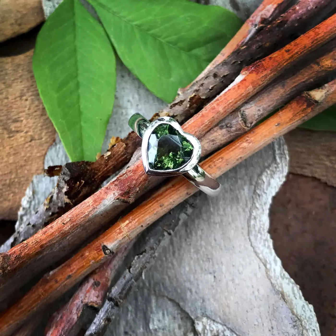 Starborn Faceted Heart Shaped Moldavite Sterling Silver Ring