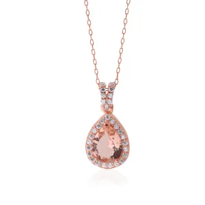 Sterling Silver Rose Plated Crystal and Zirconia Pear Halo Pendant on Chain