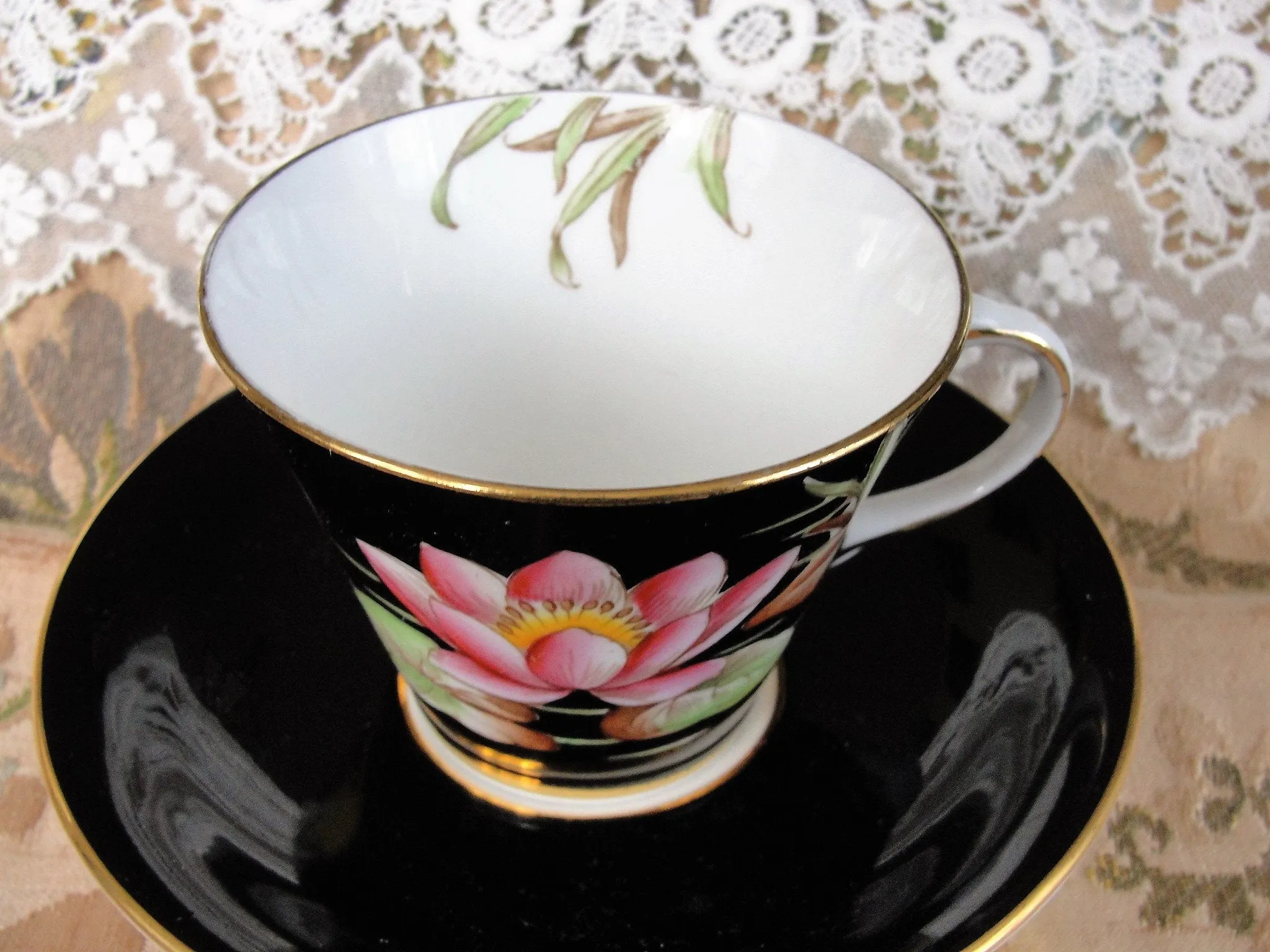 STRIKING Aynsley Teacup and Saucer,Black Cup and Saucer With Pink and Blue Yellow Flowers,Art Deco Teacup,Vintage English Bone China Teacups