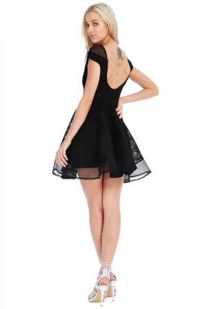 STRUCTURED LACE SKATER MINI DRESS MESH PLUNGE NECKLINE