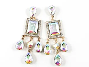 Stylish Modern Rectangle & Pear Shape Aurora Borealis Crystal Stone Drop Gold Tone Fashion Earrings