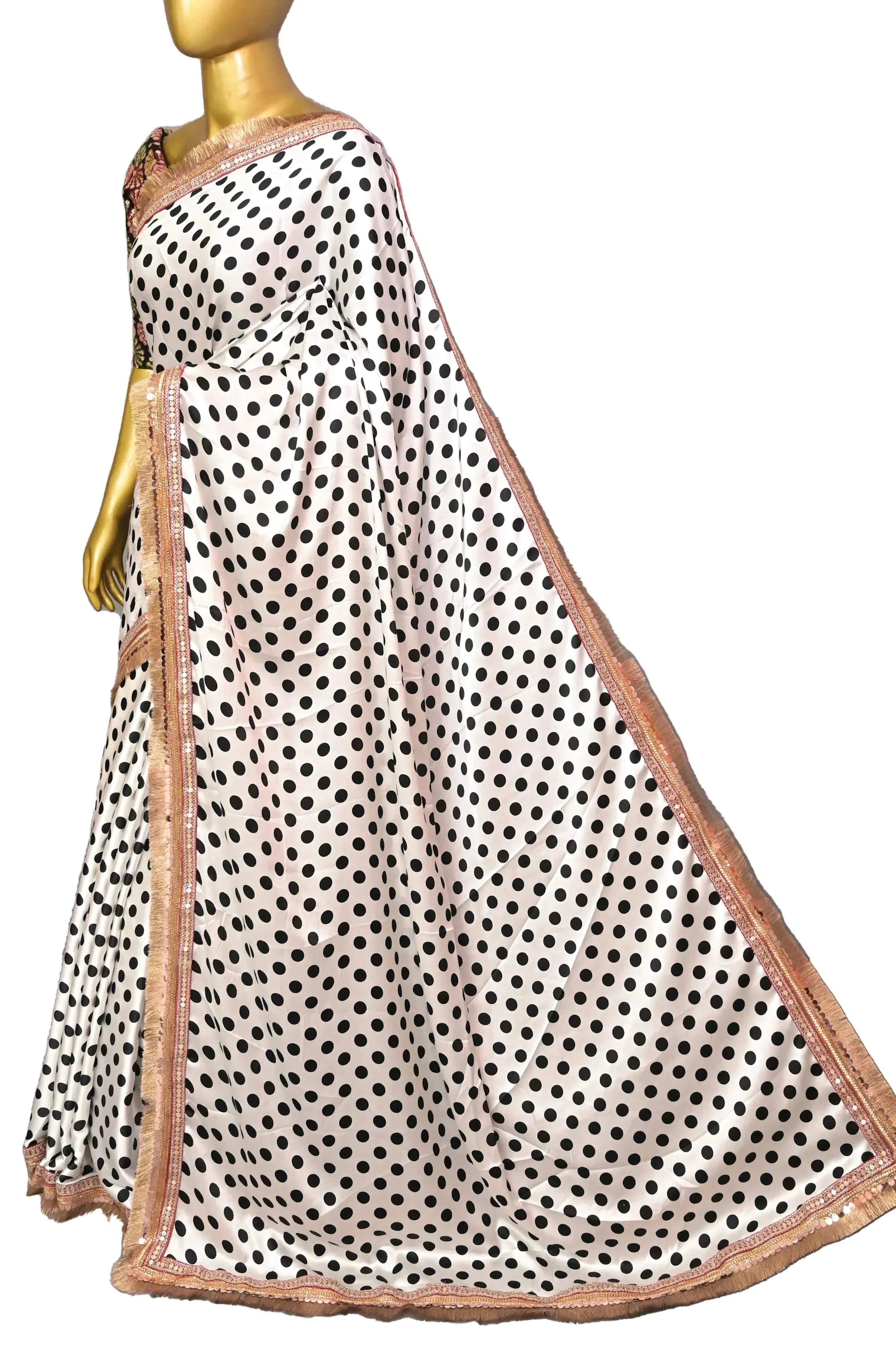 Timeless White & Black Satin Silk Saree with Polka Dot Pattern and Designer Border