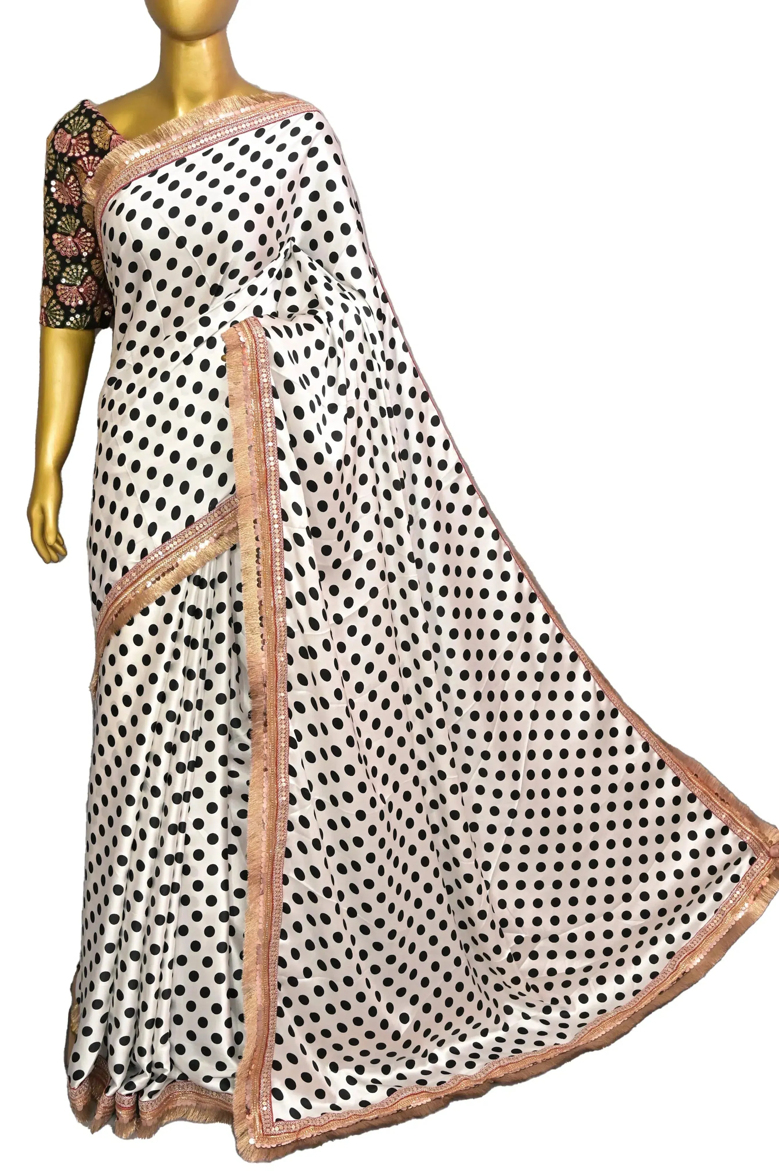 Timeless White & Black Satin Silk Saree with Polka Dot Pattern and Designer Border