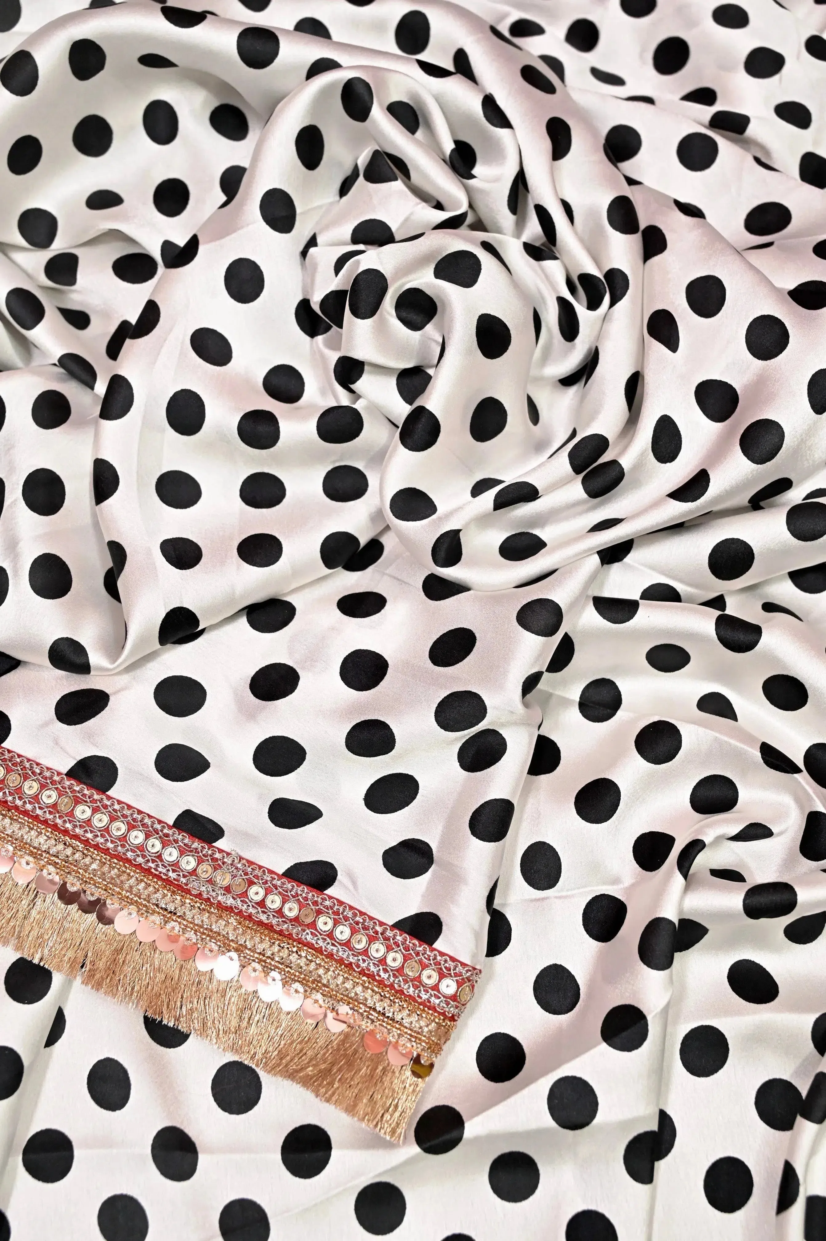 Timeless White & Black Satin Silk Saree with Polka Dot Pattern and Designer Border