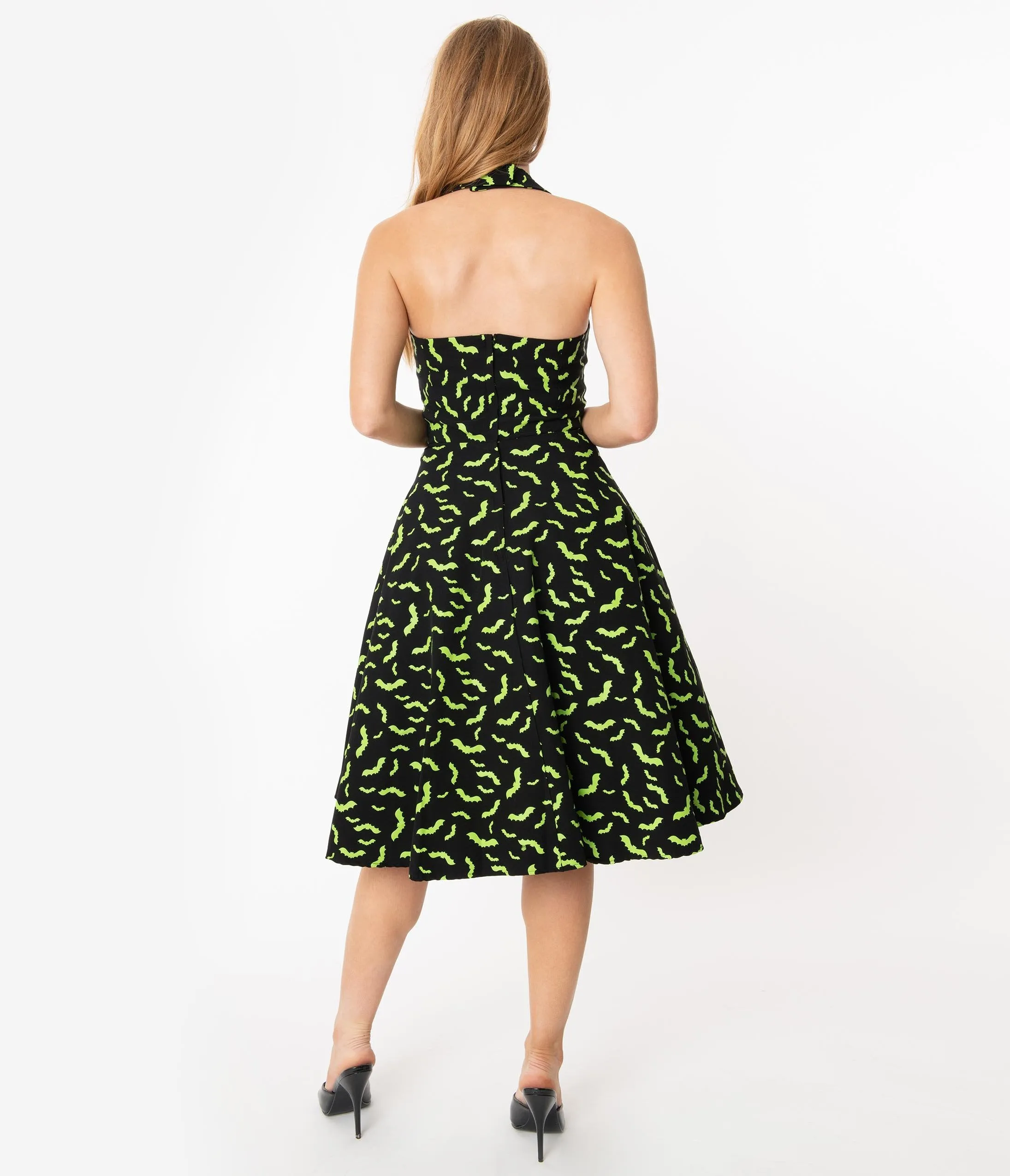 Unique Vintage Black & Neon Green Bats Rita Flare Dress