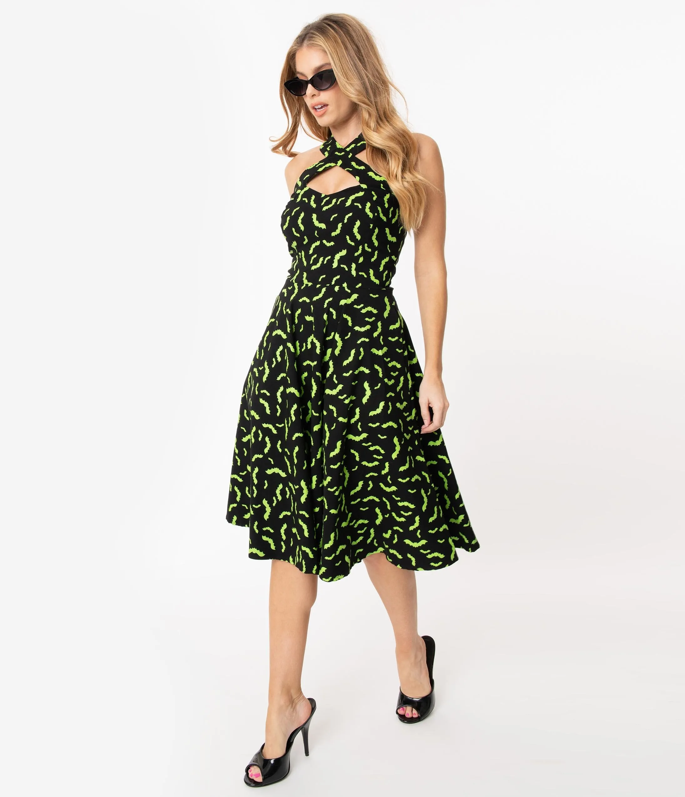 Unique Vintage Black & Neon Green Bats Rita Flare Dress