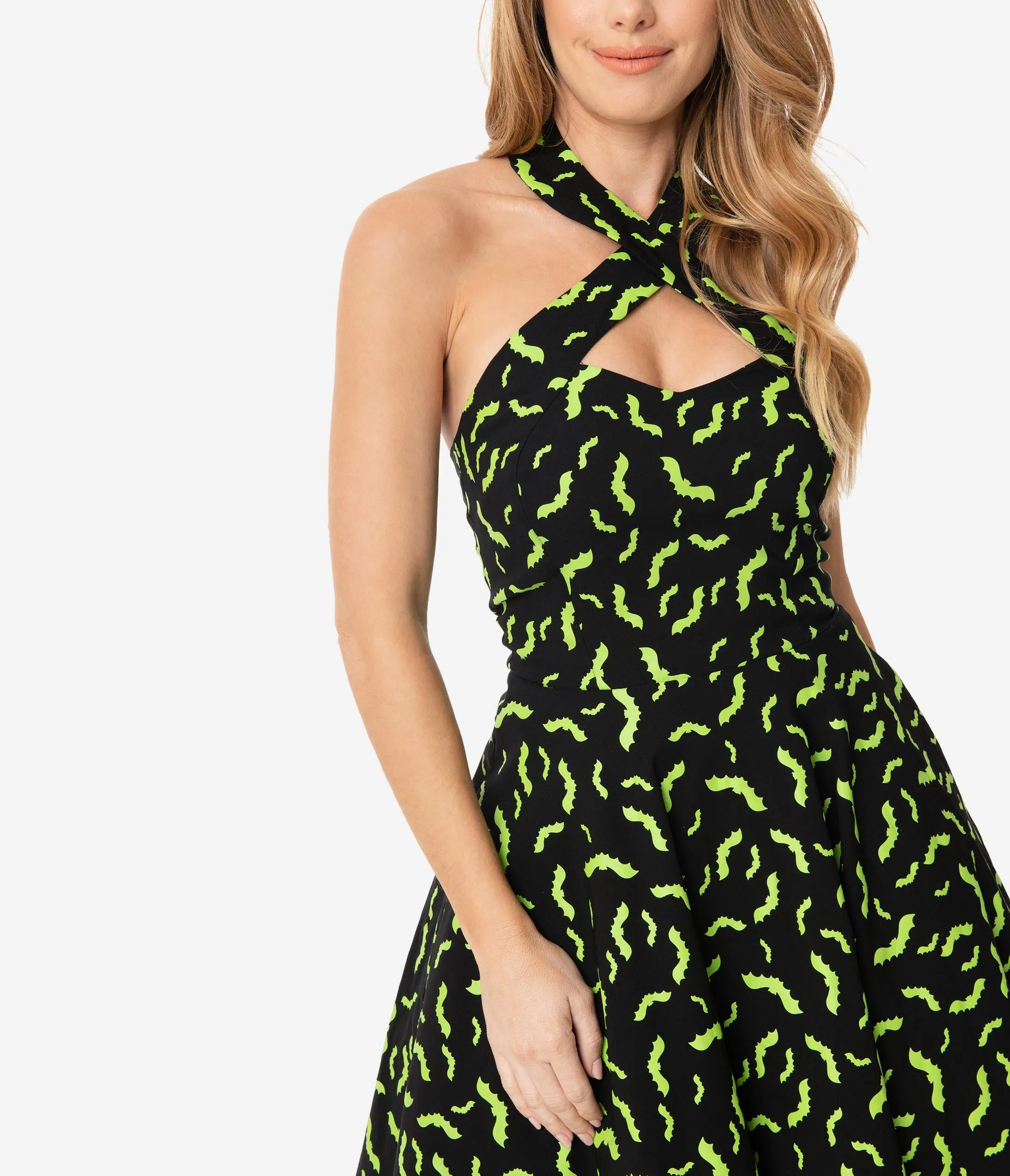 Unique Vintage Black & Neon Green Bats Rita Flare Dress