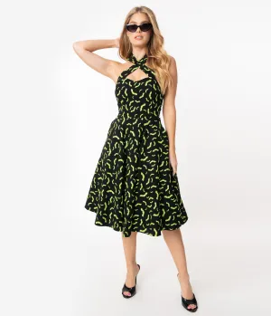 Unique Vintage Black & Neon Green Bats Rita Flare Dress